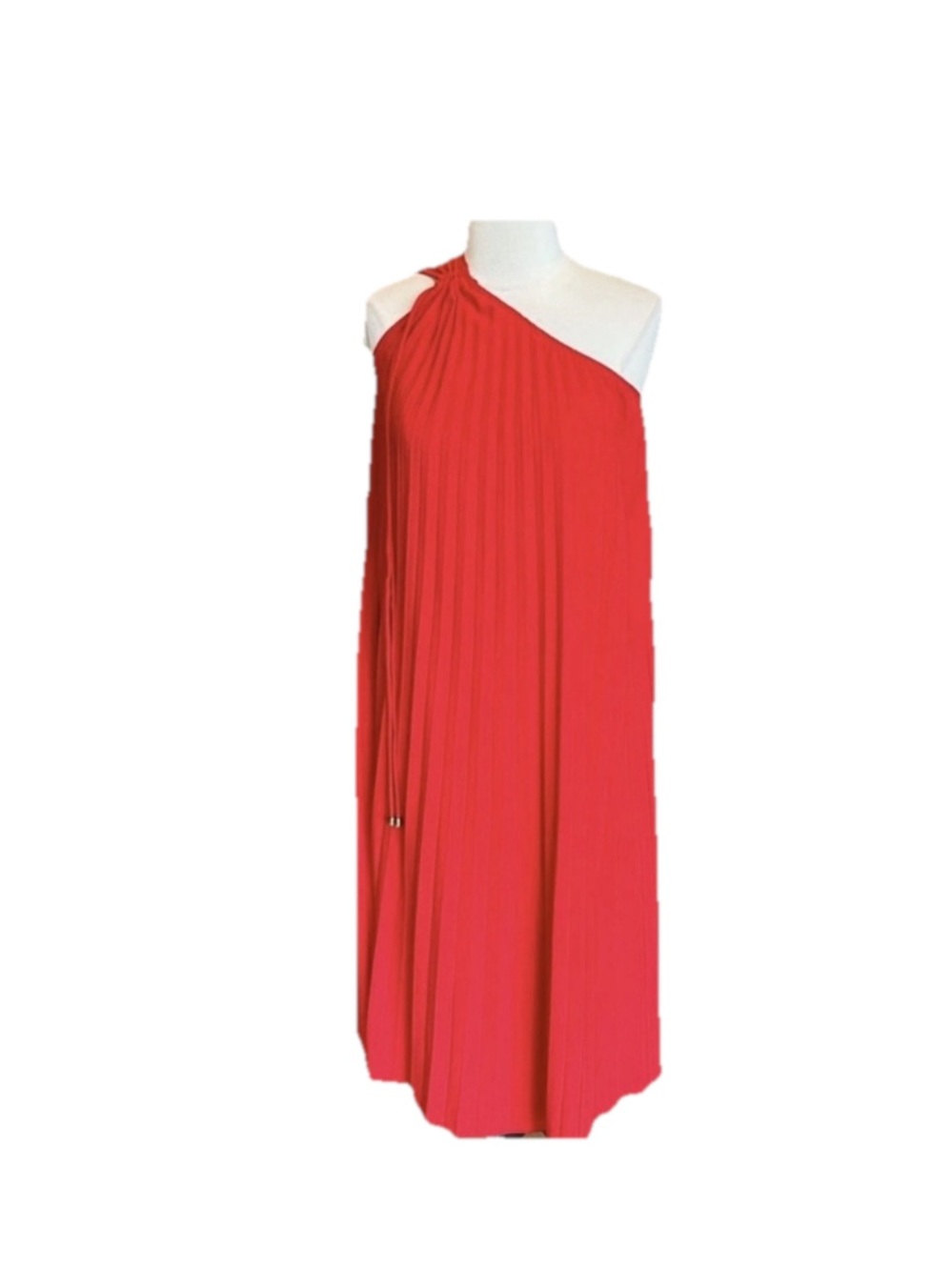 One Shoulder Red Midi Swing Dress with Pleats New